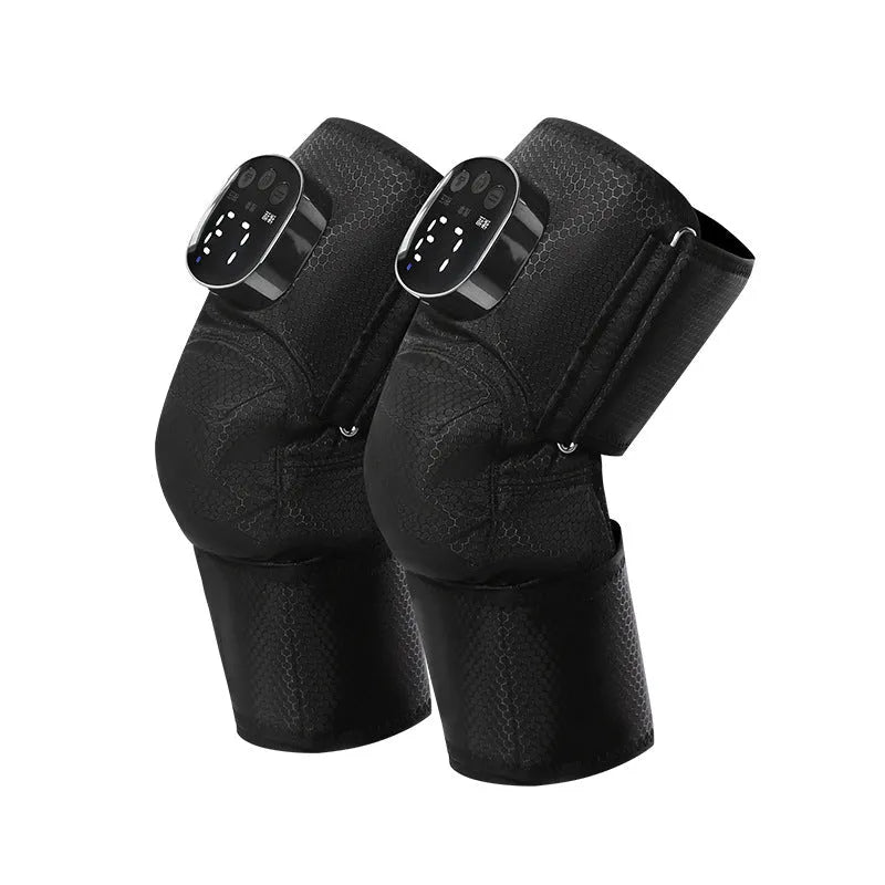 Black electric heating kneepad with USB cable, showing double support design for knee joint massage