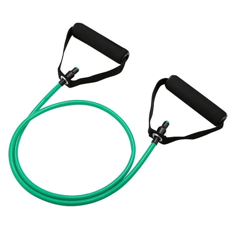 Colour-coded adjustable chest expander TPE fitness rope on yellow, green, red, blue, black backgrounds.
