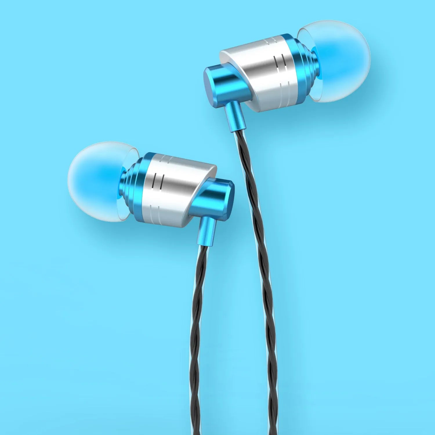 Wired in-ear earphones with microphone, 3.5mm jack, and TPE cable in black, blue, and red colour options.