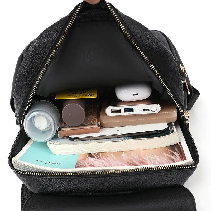 Women's soft PU leather backpack in street trend style with three-dimensional pocket