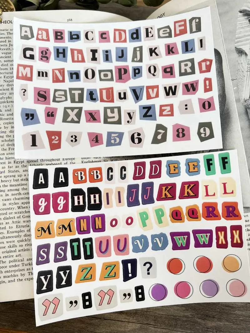 A set of cute-style decoration stickers showing printed English letters and weekly words like Monday, Tuesday.