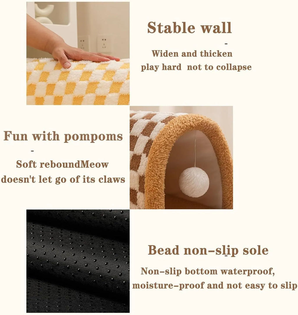 Brown plush plaid collapsible cat tunnel bed with central mat measuring 80x80x22cm
