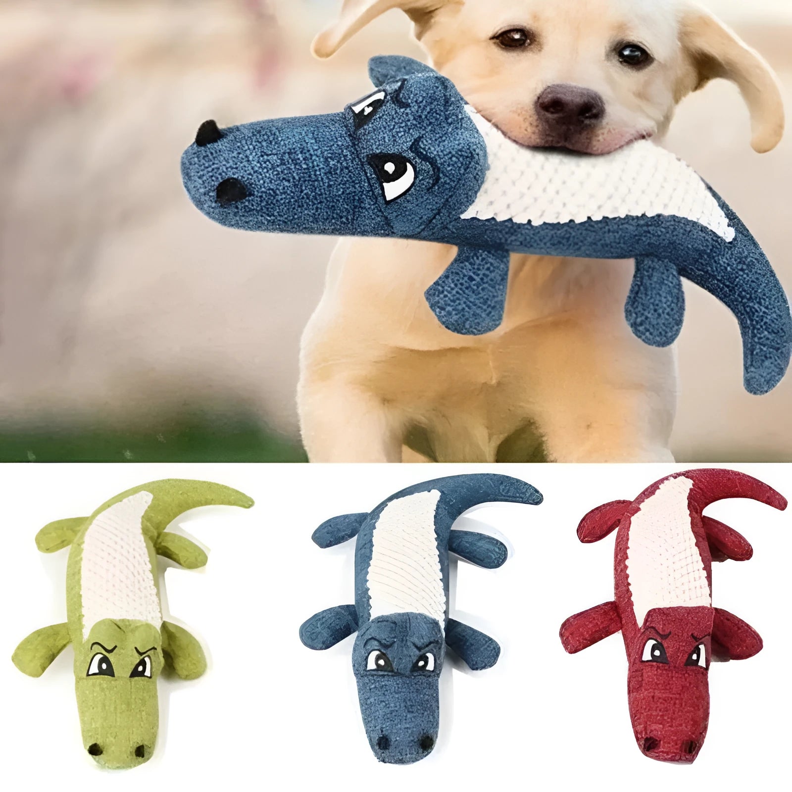 Blue, green, and red pet plush toys with a corn grid design for biting sound.