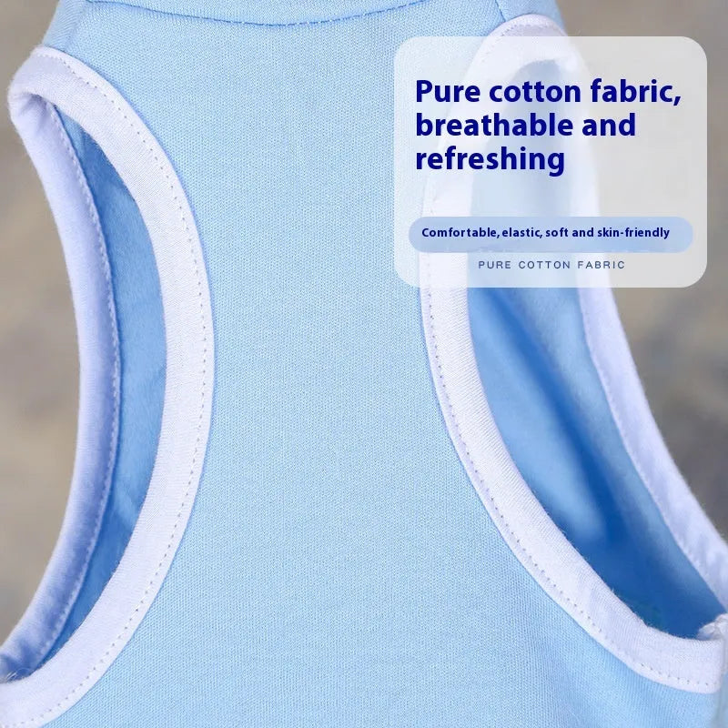 Blue pet sterilization suit with adjustable scarf on a cat, cotton anti-licking clothing for post-surgery recovery.