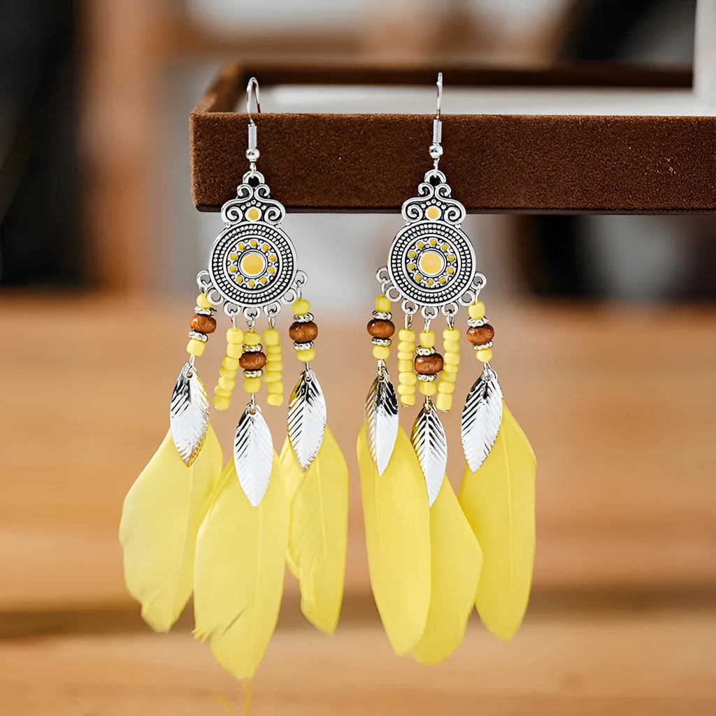 Round drop feather earrings with leaf pattern in alloy metal, available in multiple colours