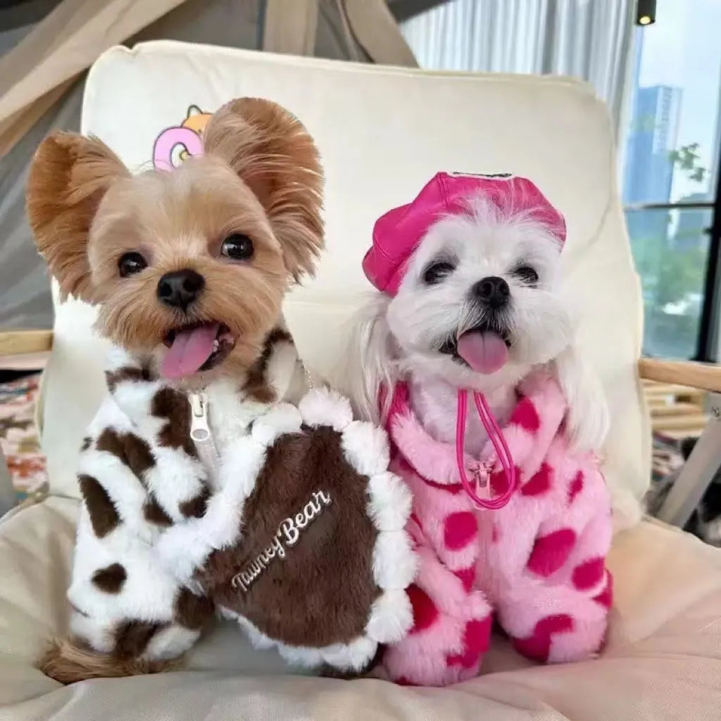 A pink polyester plush warm coat for a small dog, shown on a mannequin.
