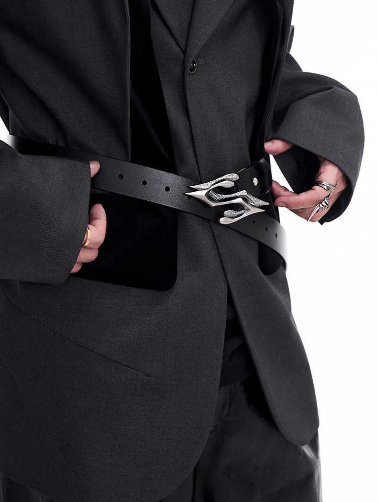 Black two-layer cowhide leather men's belt with metal letter buckle, 110cm long