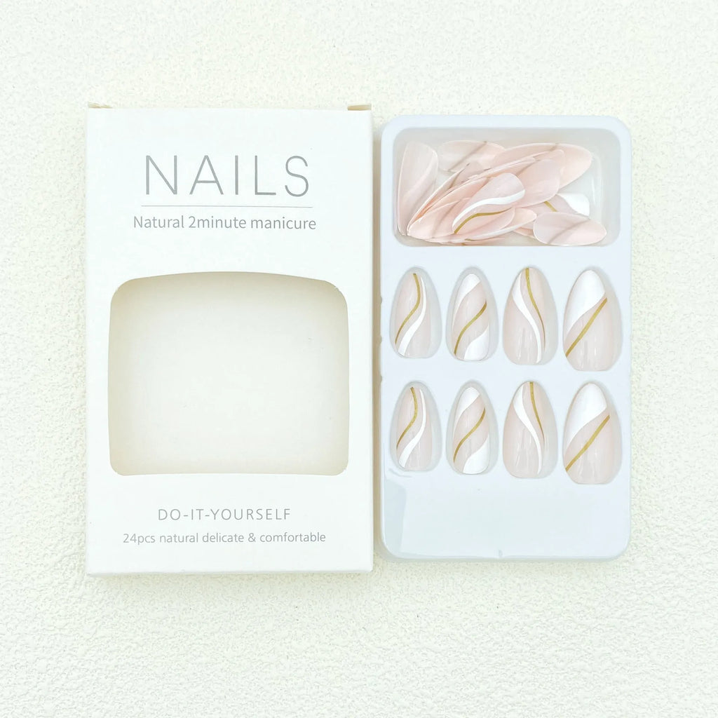 Plaid pattern plastic nail stickers in jelly glue colour on a medium, drop-shaped wearable base.