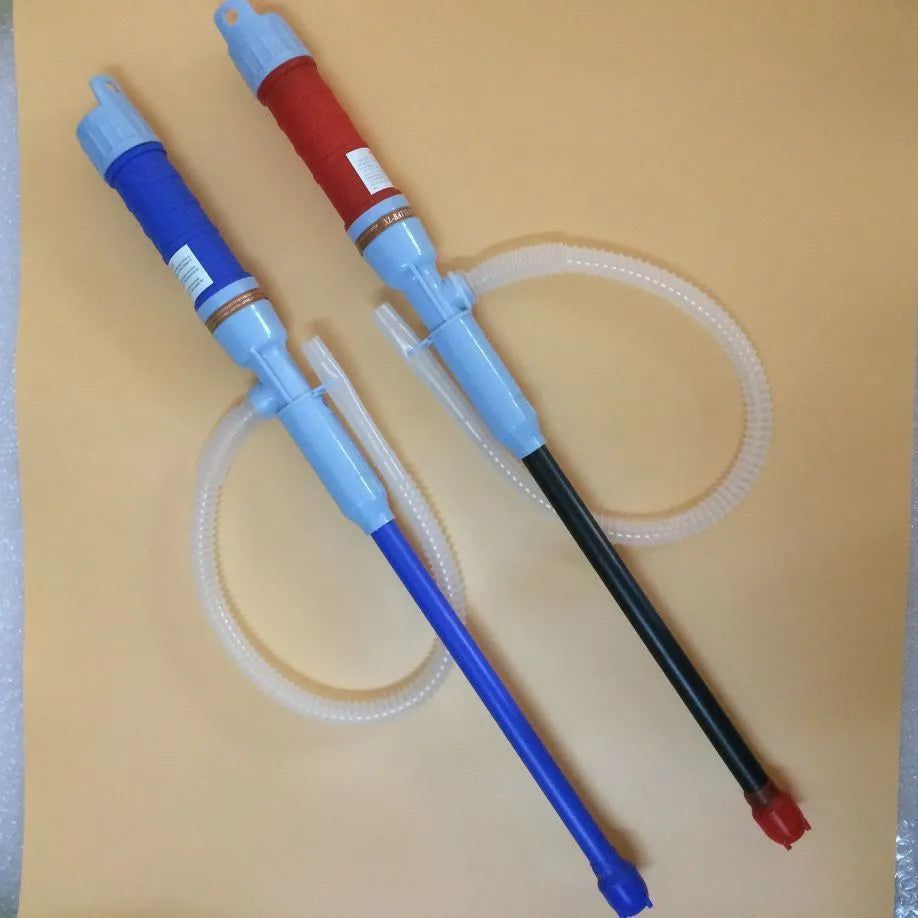 Manual hand pump siphon for fuel oil gasoline transfer in blue or red colours