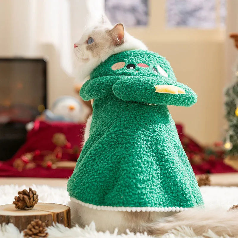 Cat autumn winter Christmas thickened elk cloak pet clothing polyester cartoon style brown green elk drawable