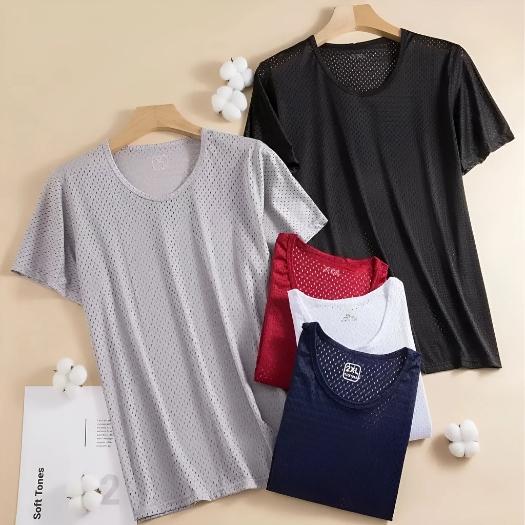 Man wearing a solid colour ice silk short sleeve crew neck T-shirt in a loose fit.