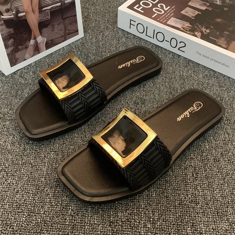 Women's apricot, black, and khaki coloured casual flat summer slippers with a waterproof PVC non-slip sole