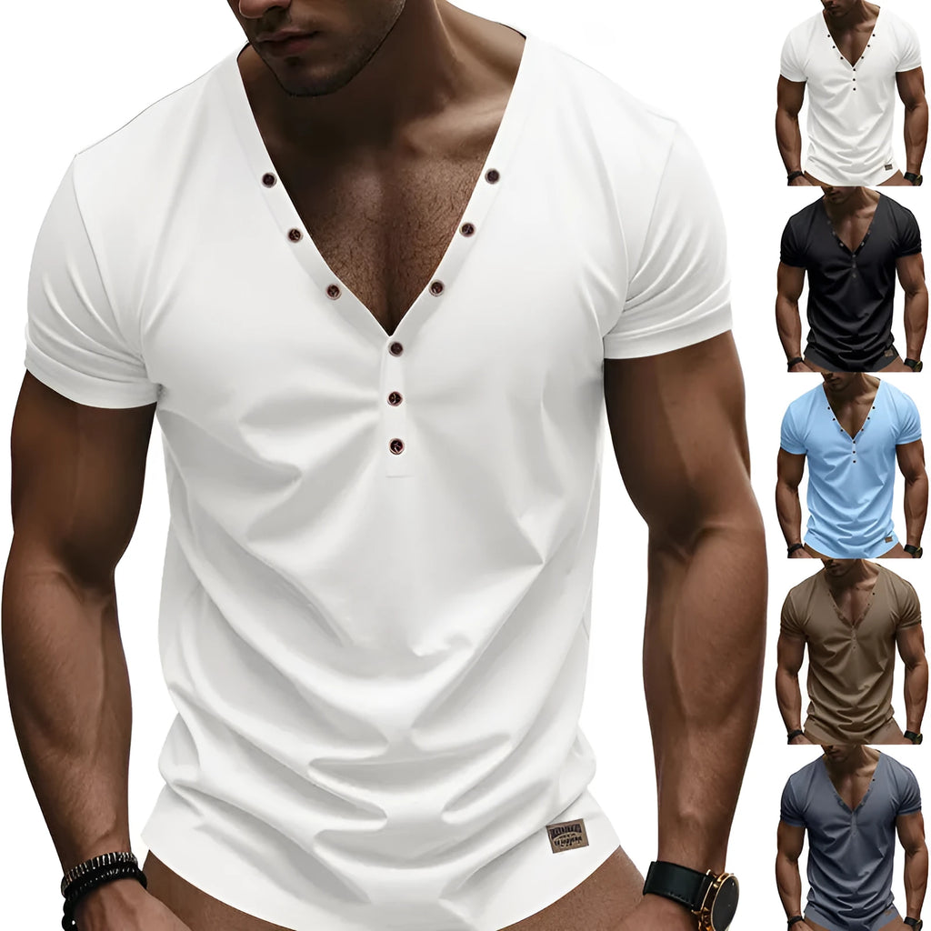 Men's loose fit V-neck pullover with button design in polyester blend fabric for sports