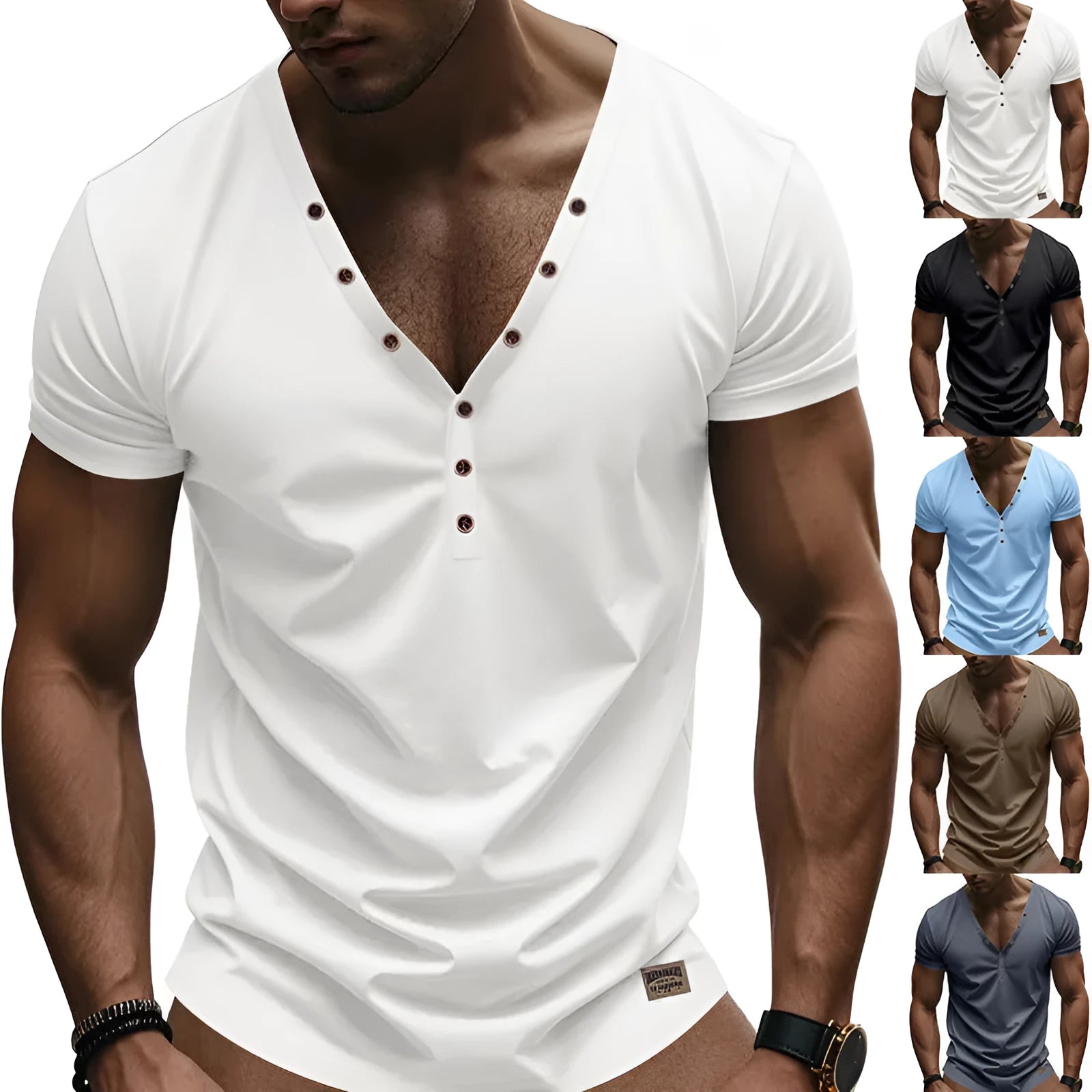 Men's loose fit V-neck pullover with button design in polyester blend fabric for sports