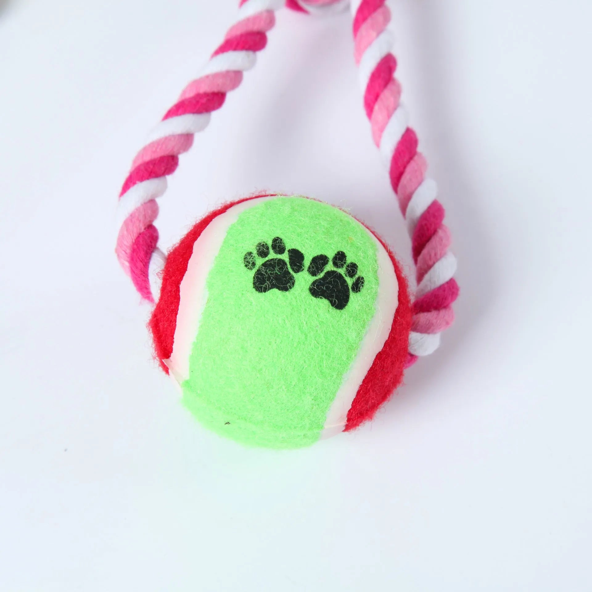 38cm long red and white twisted cotton rope dog toy for tugging with a large breed dog.