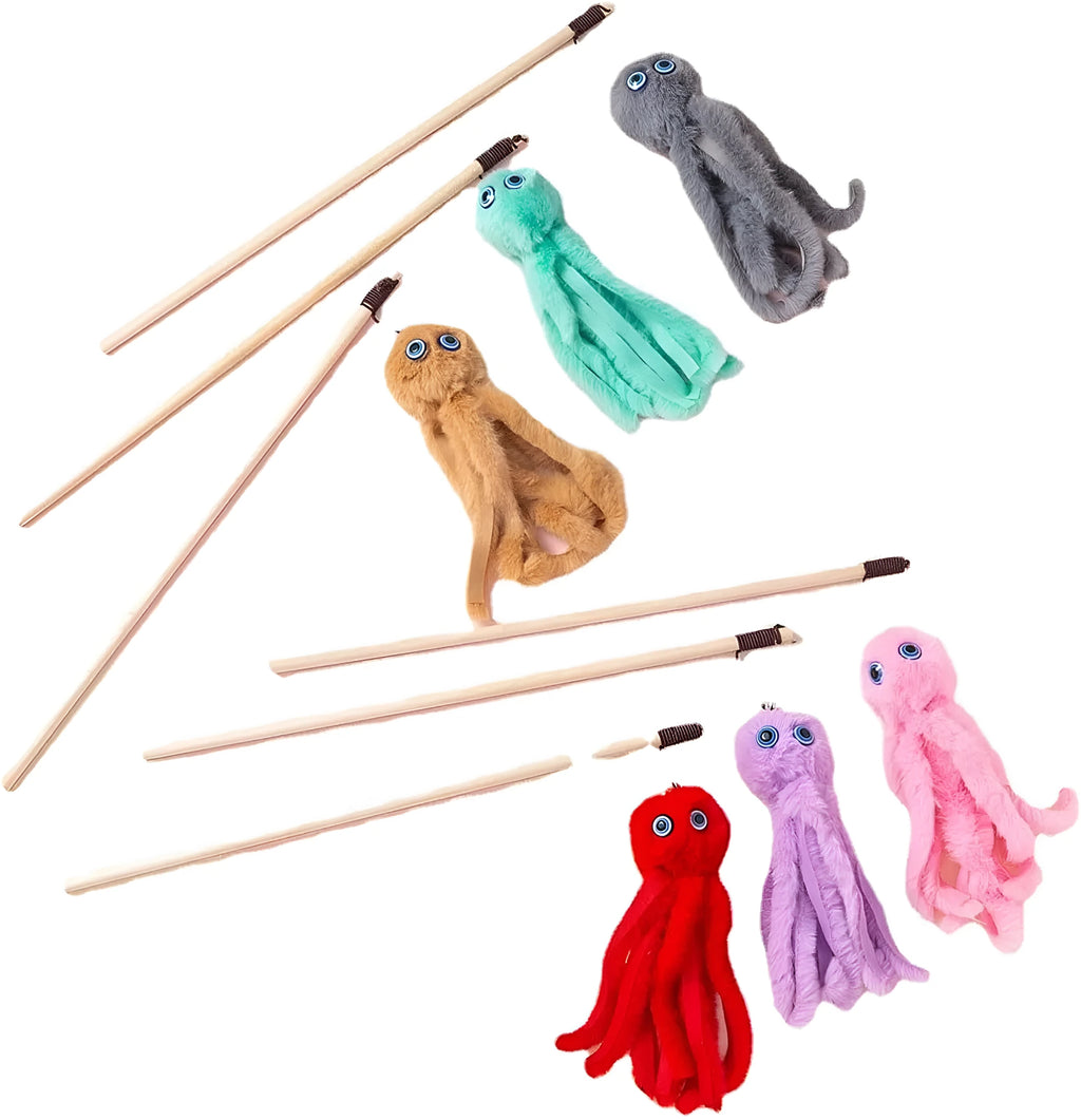 Octopus-themed cat toy with long handle in bright colours for indoor pet play