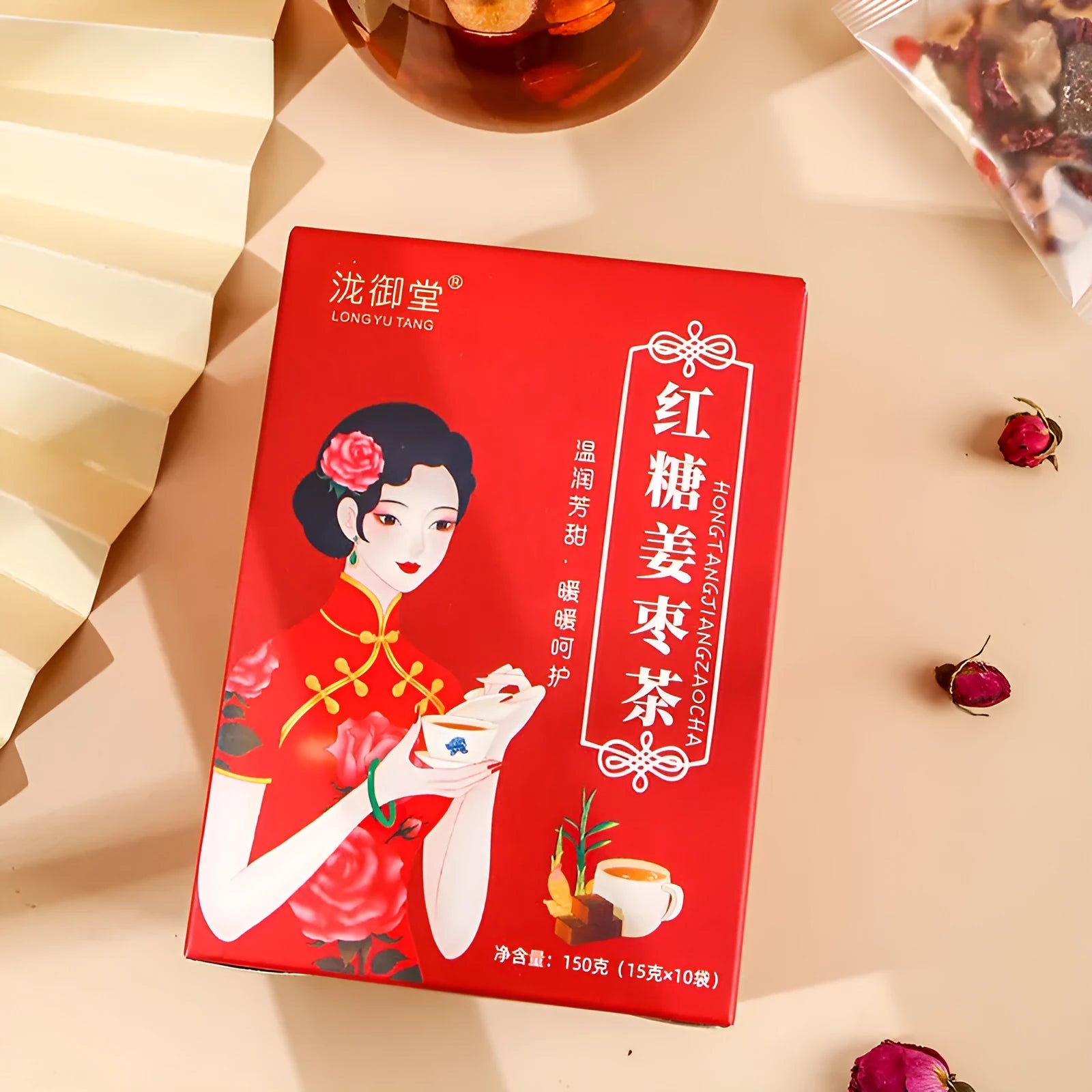 A 150g box of brown sugar ginger tea bags containing red dates, wolfberry, longan and rose