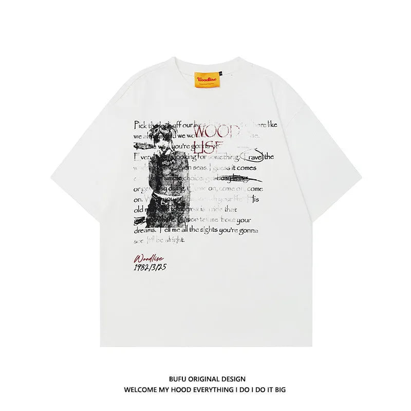 Men's black pure cotton hip hop T-shirt with white retro letter printing and raglan sleeves