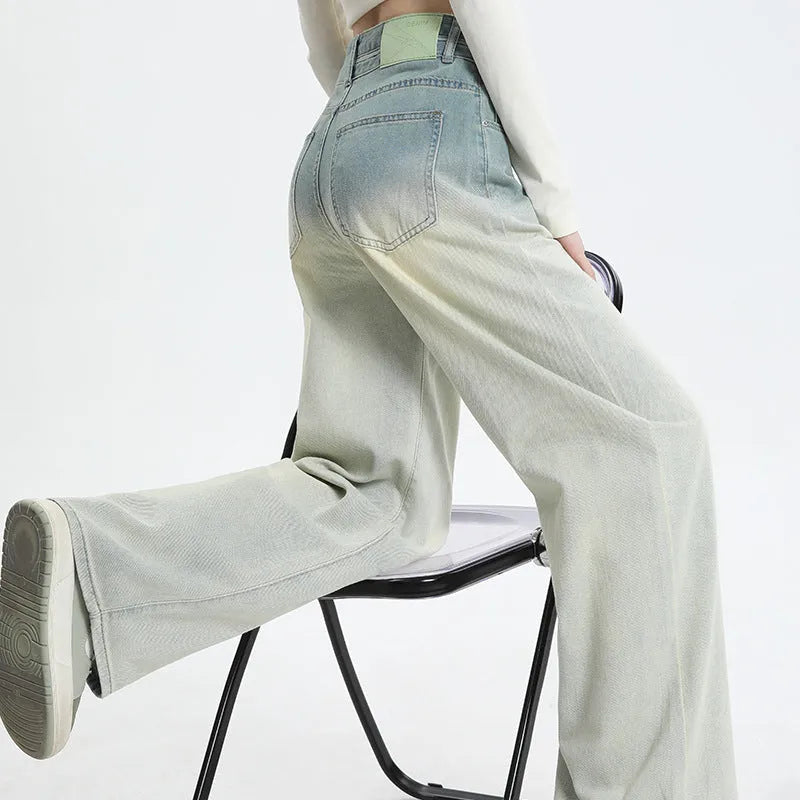 Women's gradient blue straight-leg wide-leg denim jeans in cotton fabric