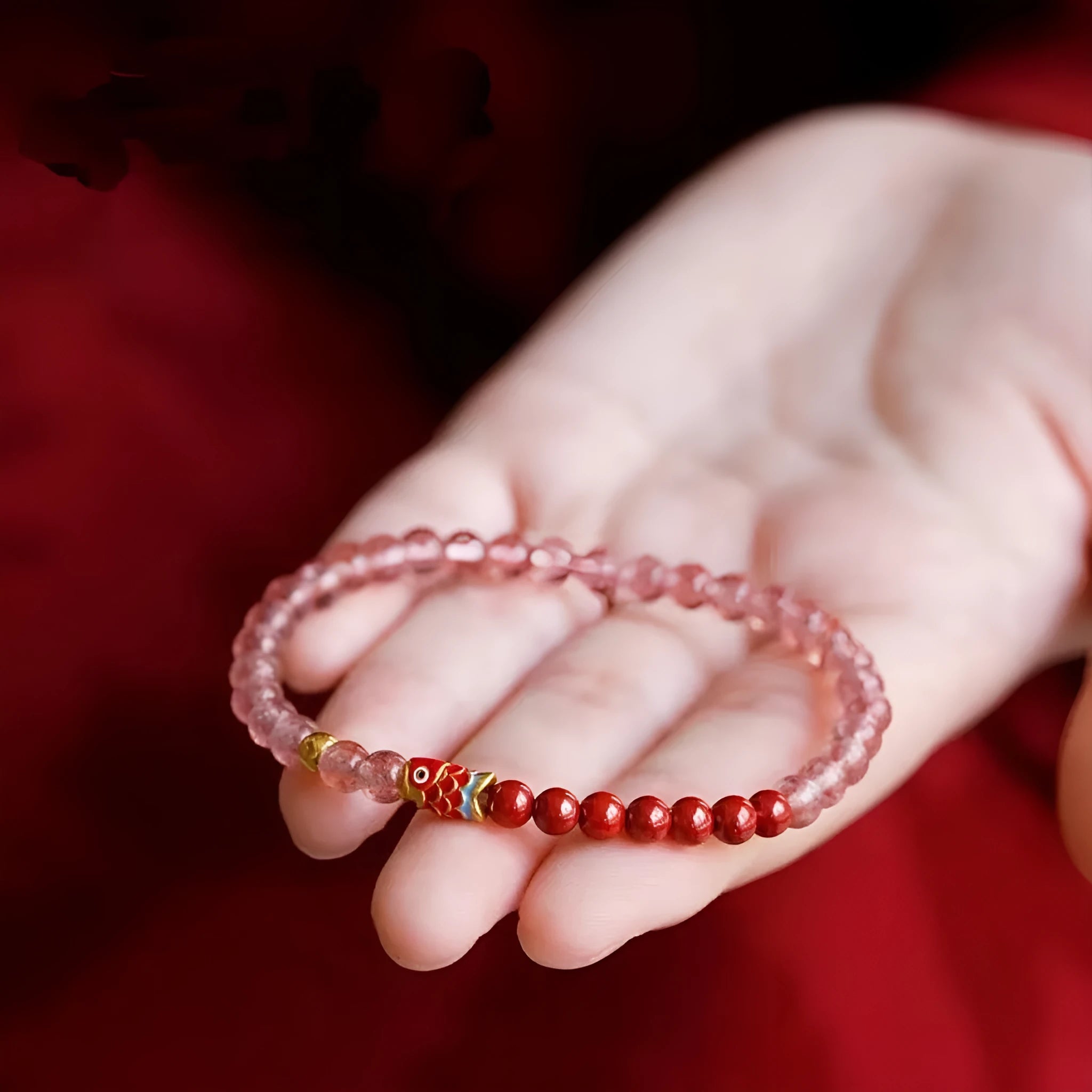 Purple cinnabar and strawberry quartz bracelet with lucky beads and peach blossom design for women