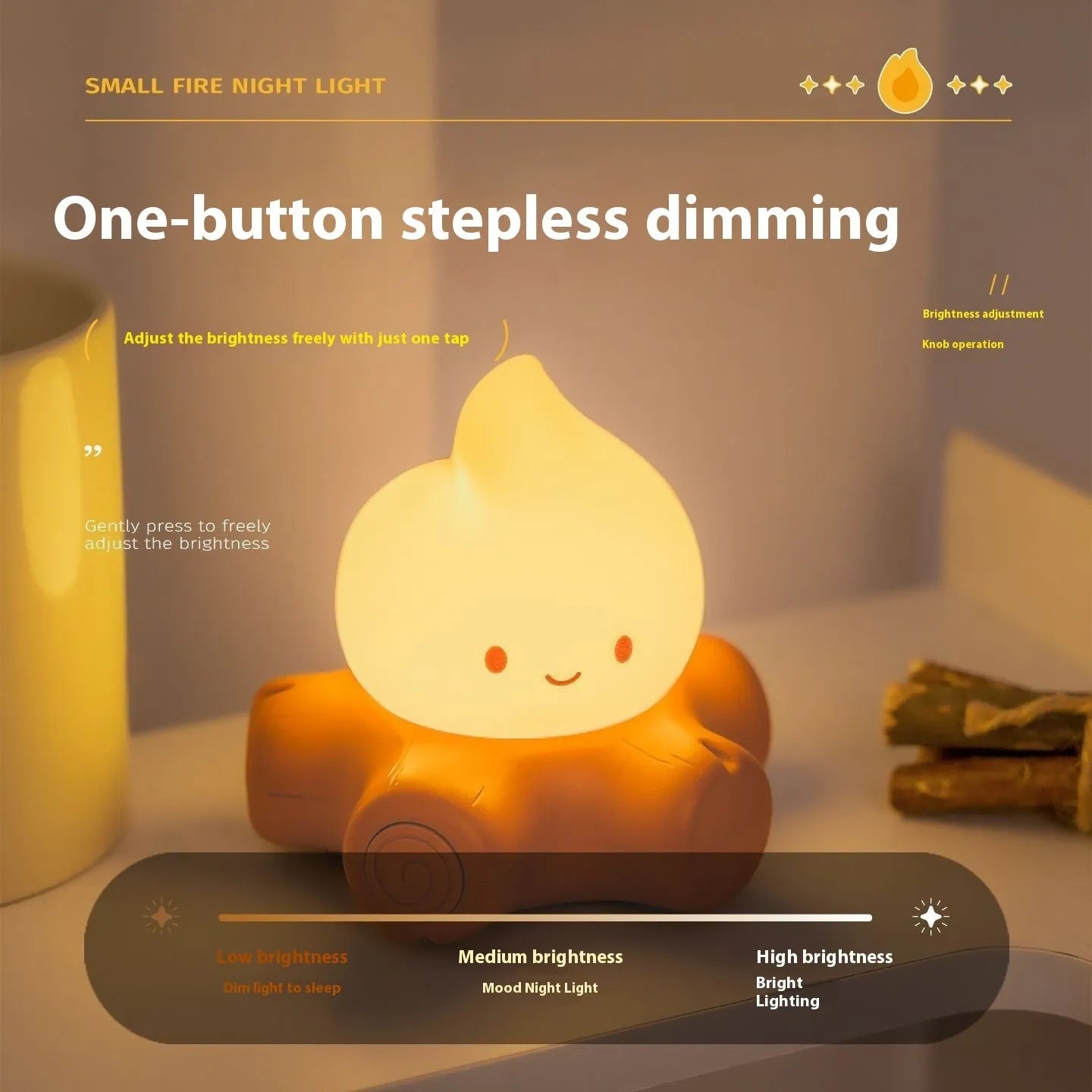Cartoon-style silicone fire pile night lamp with yellow light and built-in battery