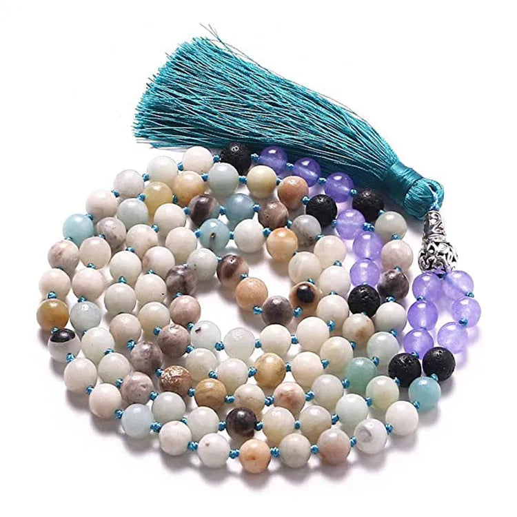 Long unisex agate and amethyst tassel necklace with blue stone pattern, measuring 95-100cm.