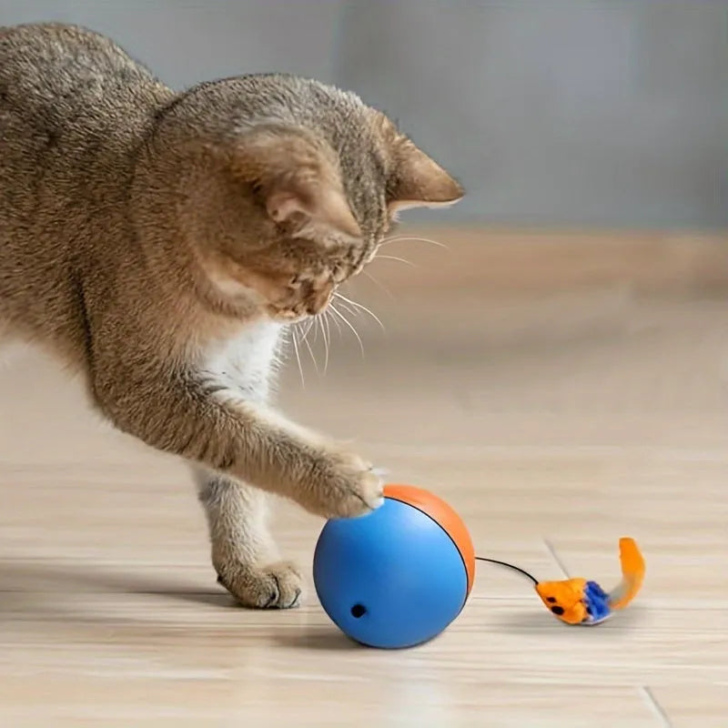 Blue and orange interactive cat toy ball with plush mouse attachment measuring 8.5*8.5*9 cm