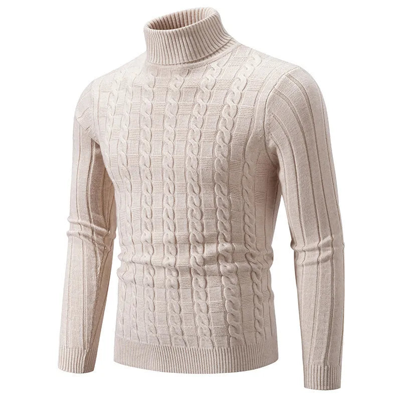 Men's slim fit chenille turtleneck pullover sweater in milky white colour showing front view