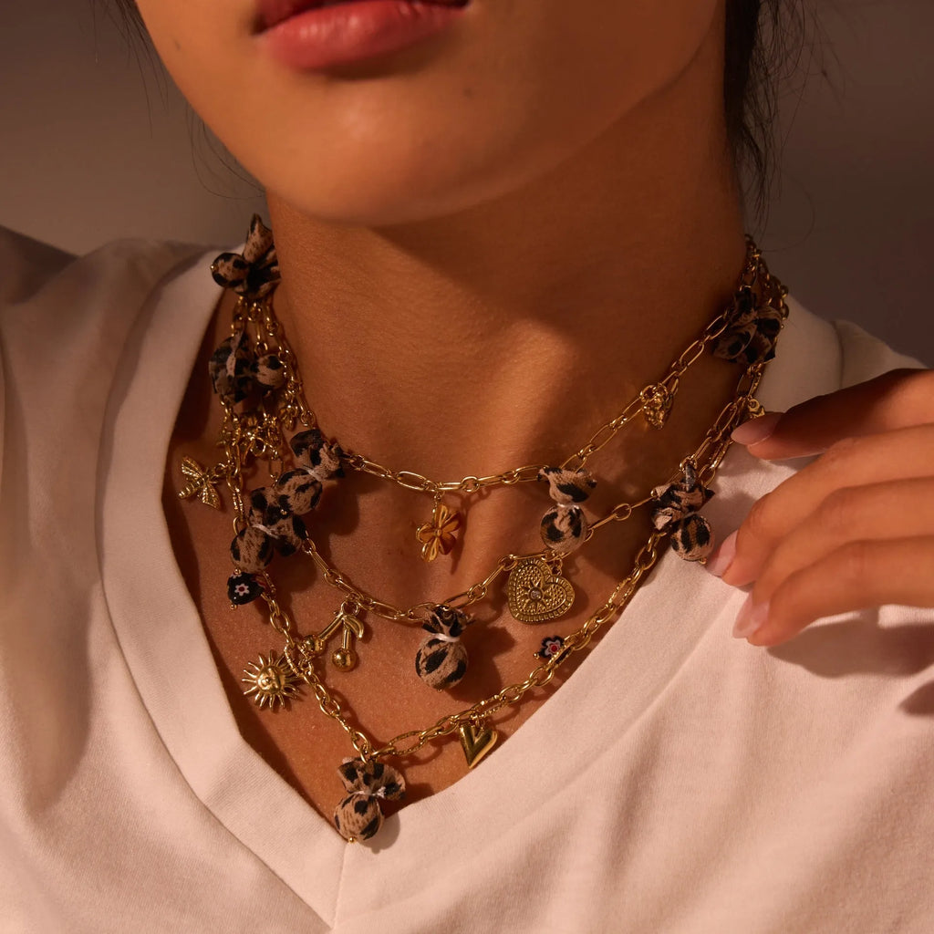 Stainless steel necklace with gold electroplated pendant showing leopard and heart flower designs