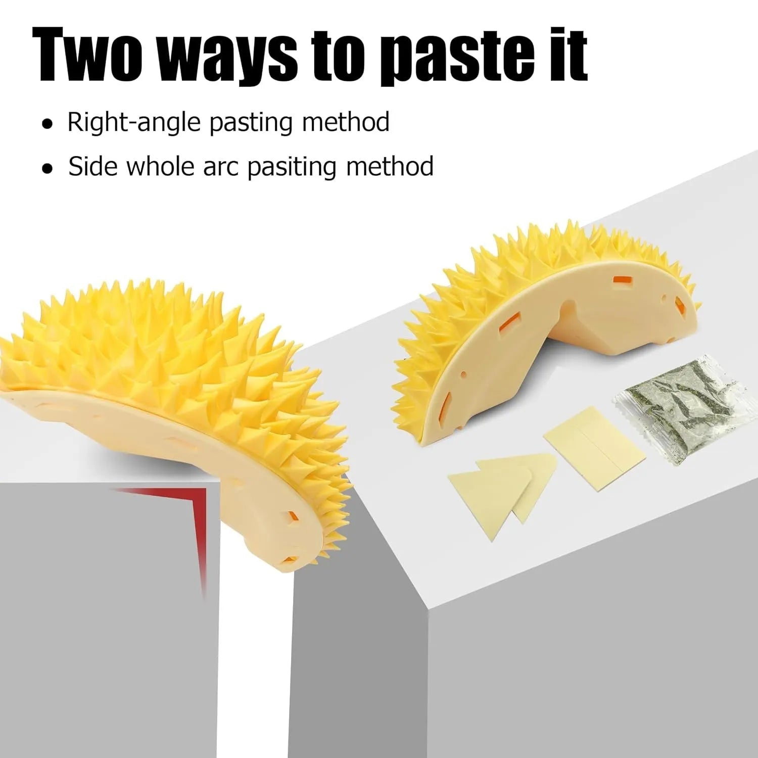 Yellow durian-shaped cat corner scratcher with built-in massage comb for wall corners
