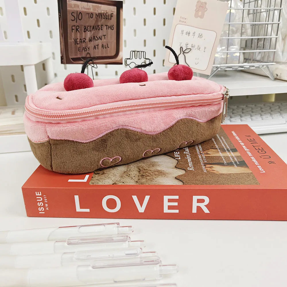 Cherry Cake coloured velvet pencil bag with Korean style design.