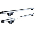 Alloy roof rack crossbars for a General Motors SUV, shown adjusted to length.