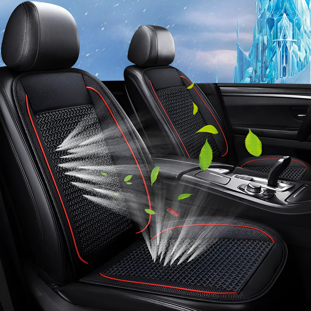 Black minimalist car ventilation seat cushion with power cord on a car seat.