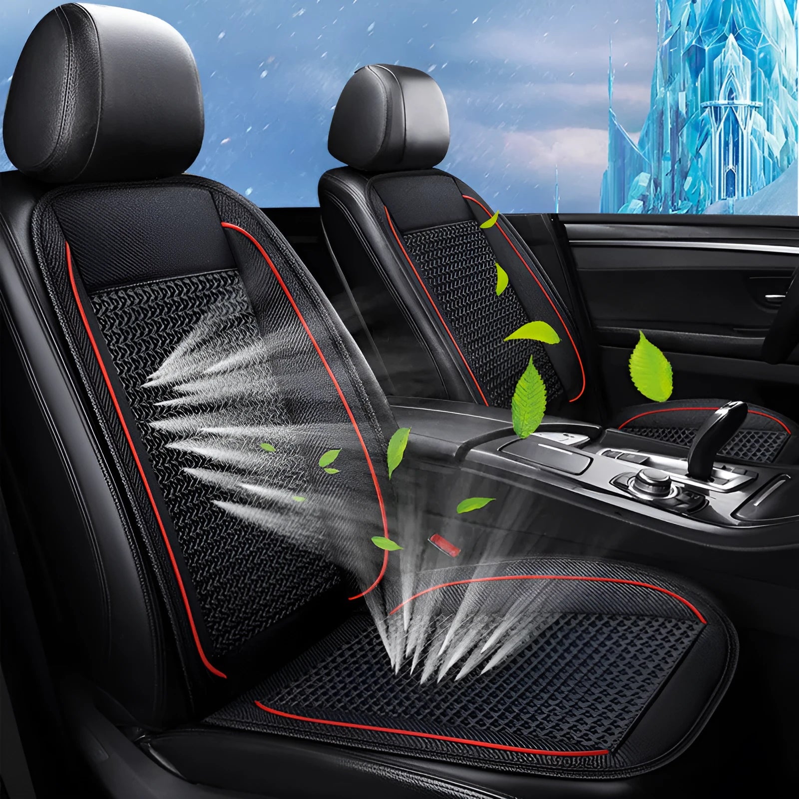 Black minimalist car ventilation seat cushion with power cord on a car seat.