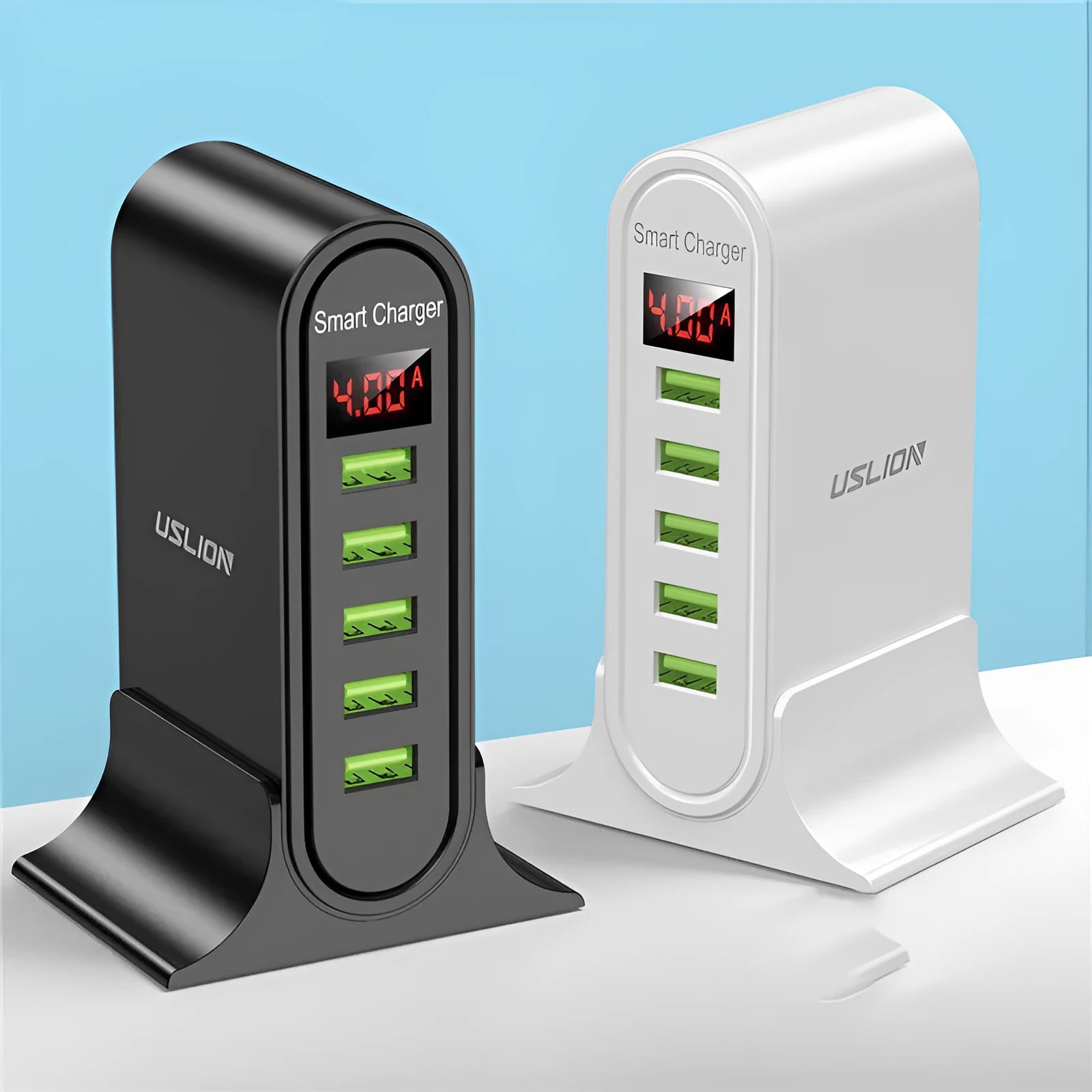 Smart black USB charger with LED digital display and UK plug, showing 5V output.
