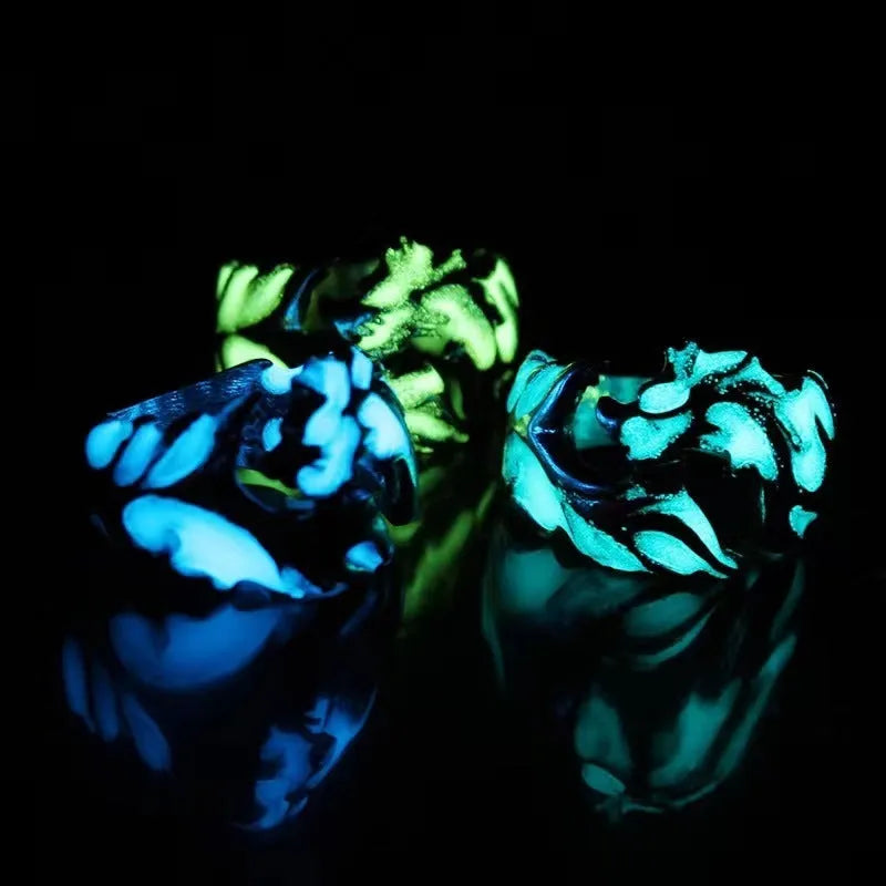 Chinese style luminous dragon pattern adjustable ring in antique silver blue and green.