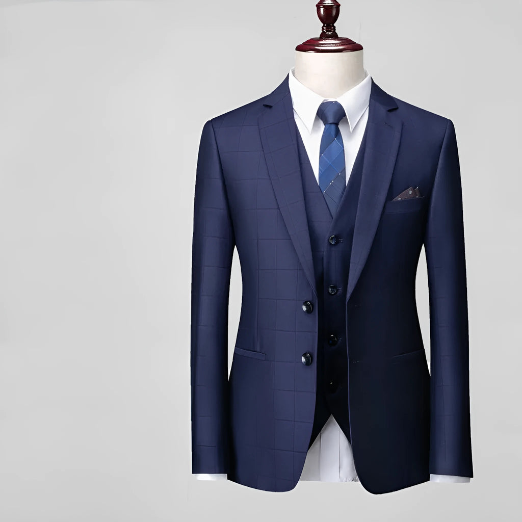 Men's navy blue three-piece slim fit plaid suit with jacket, vest, and trousers