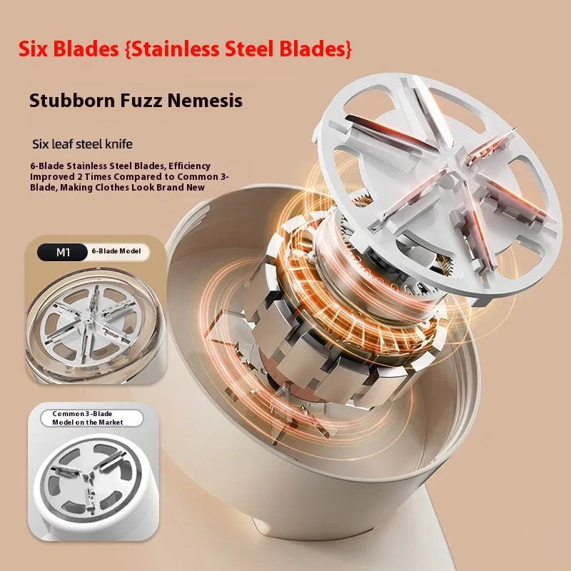 Beige and purple digital fur ball trimmer lint removers with stainless steel cutter heads on a USB cable.