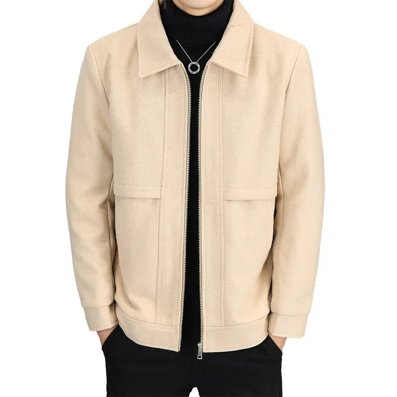 Men's khaki casual polo collar jacket with side seam pockets on a neutral background.