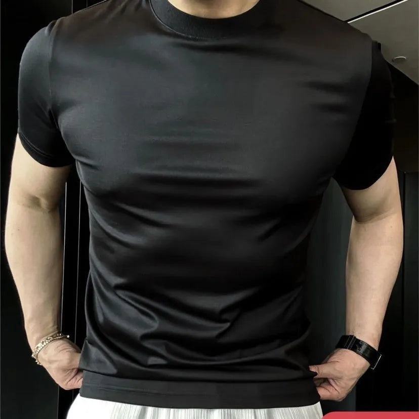 Ice silk soft breathable round neck short sleeve T-shirt in black front view on model