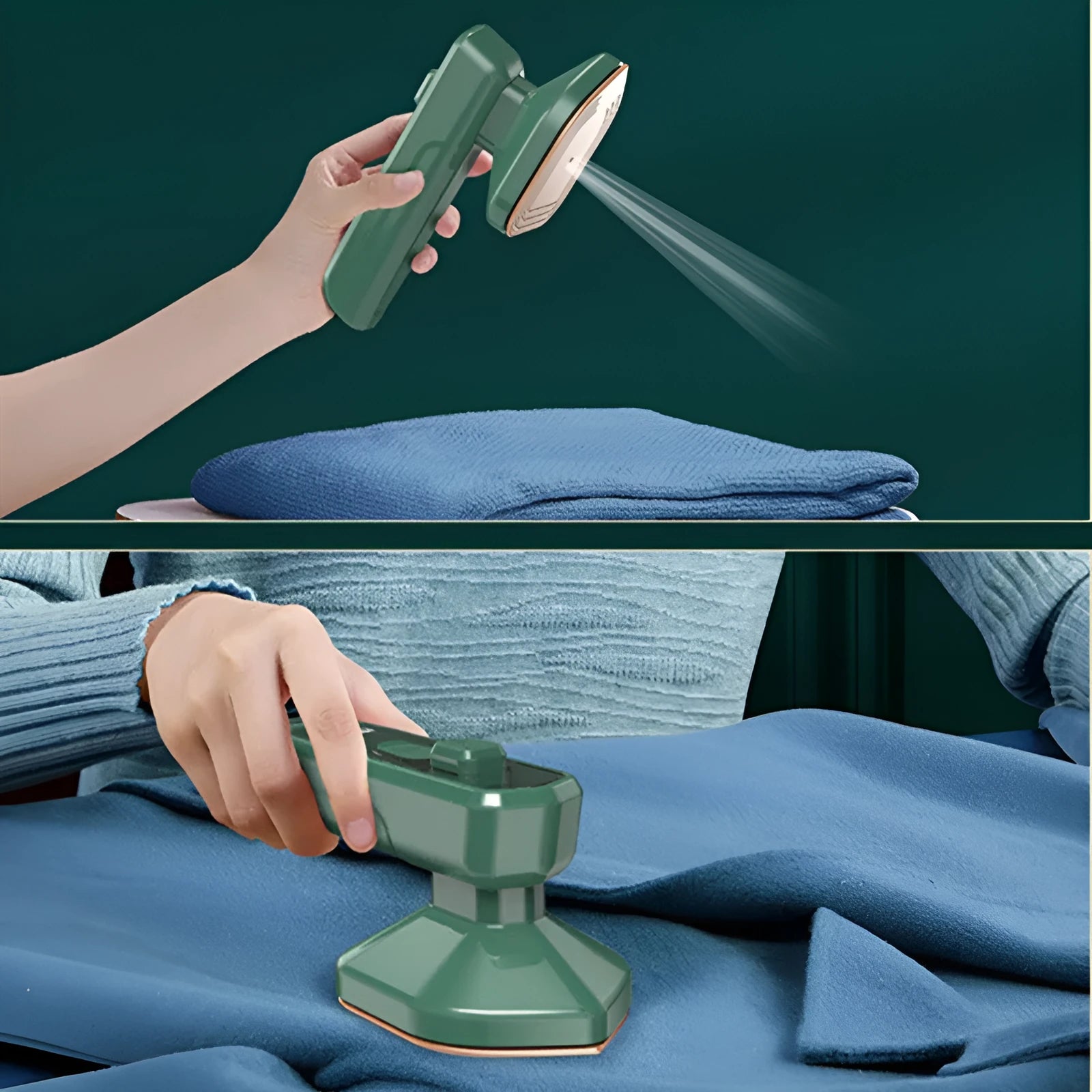 Dark green portable hanging steam iron with ceramic panel, compact design for travel garment care