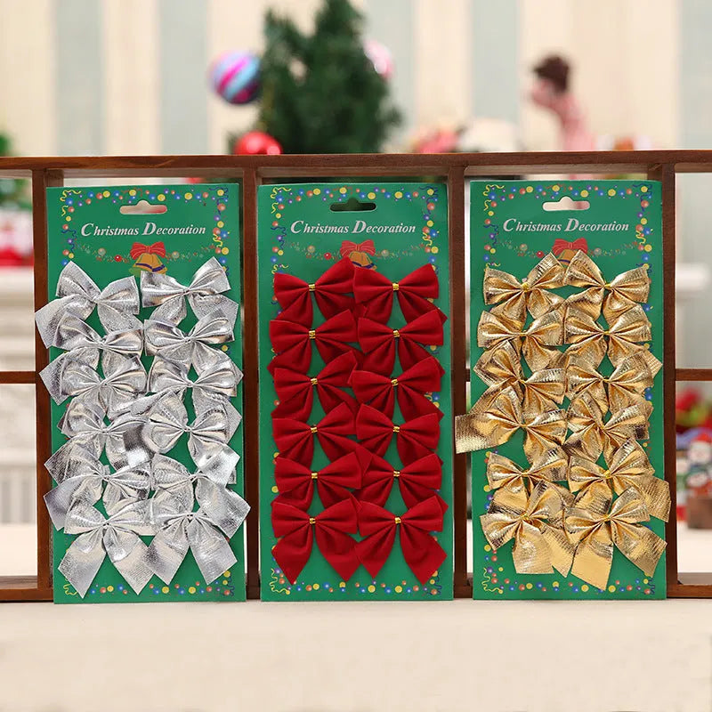 Red, gold, silver, and red-gold polyester Christmas tree ornament bows measuring 5 cm