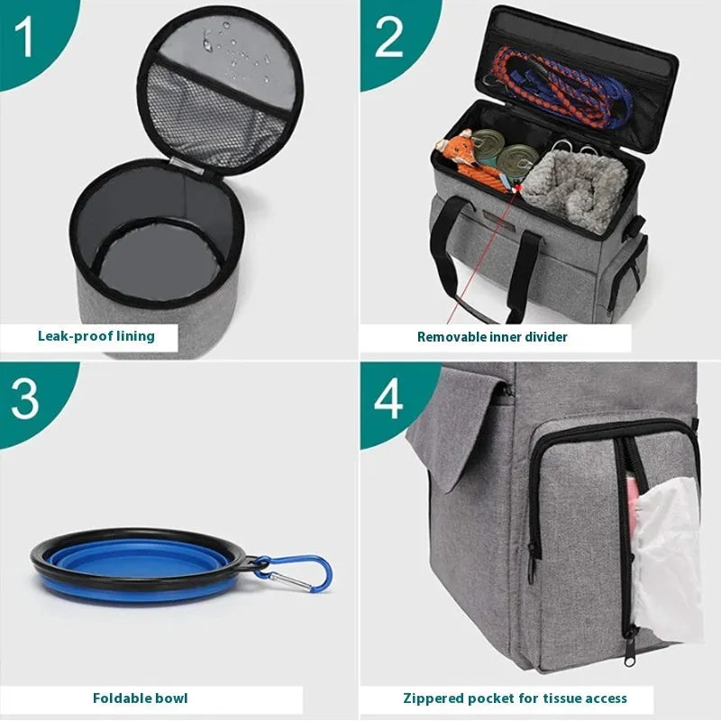 Grey dog travel backpack kit with removable divider and bonus training bag on a white background