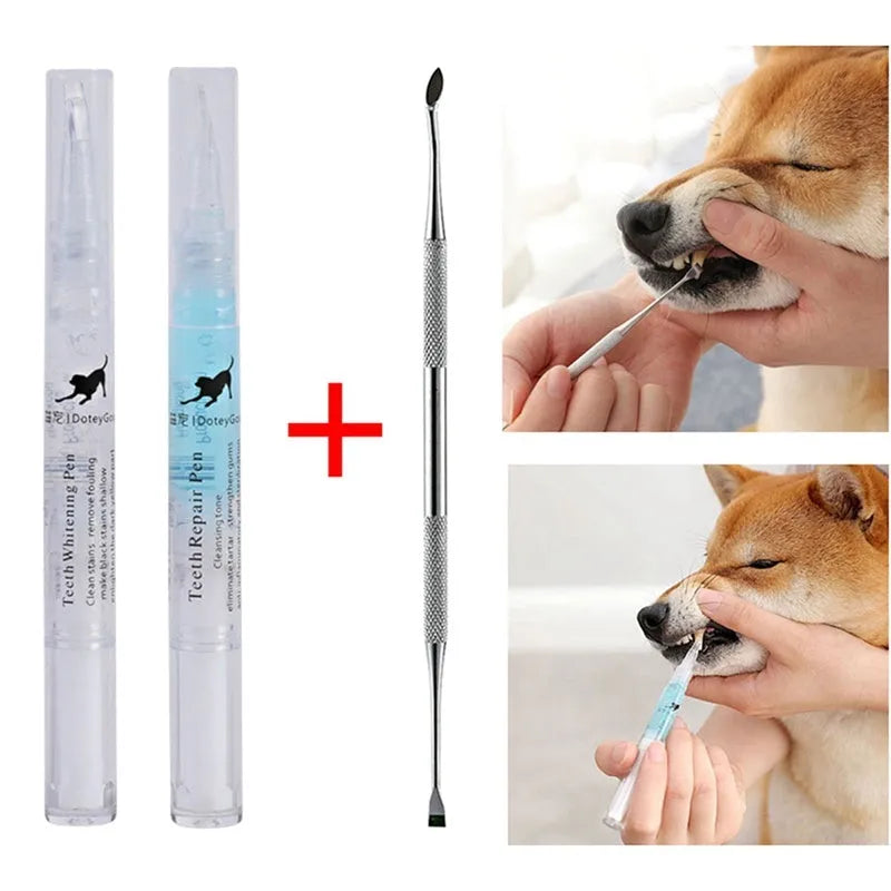 Pet tooth whitening pen kit with two pens, soft brush head, and non-slip handle for dog and cat oral care
