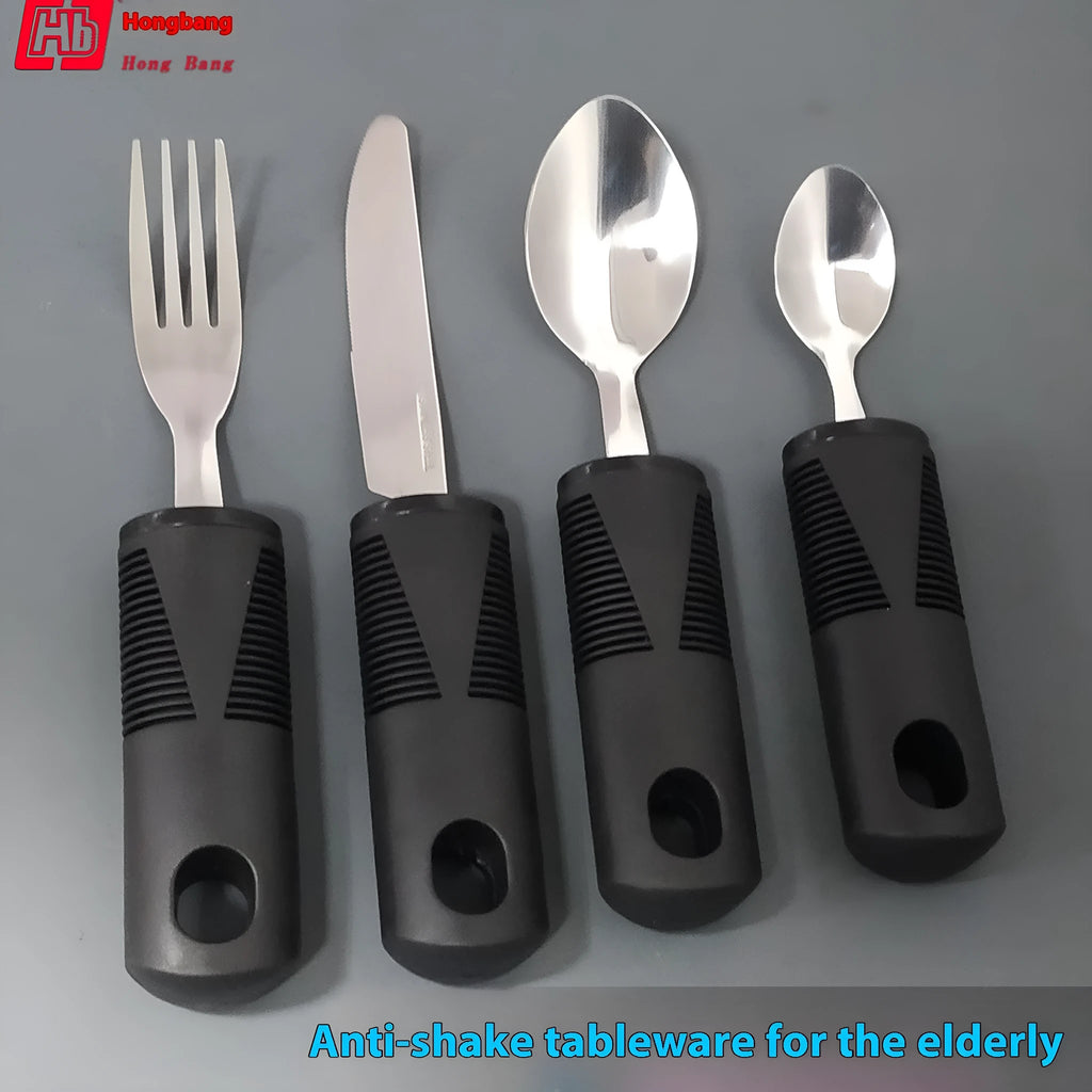 Stainless steel adaptive cutlery set with rubber handles for elderly and rehabilitation eating assistance