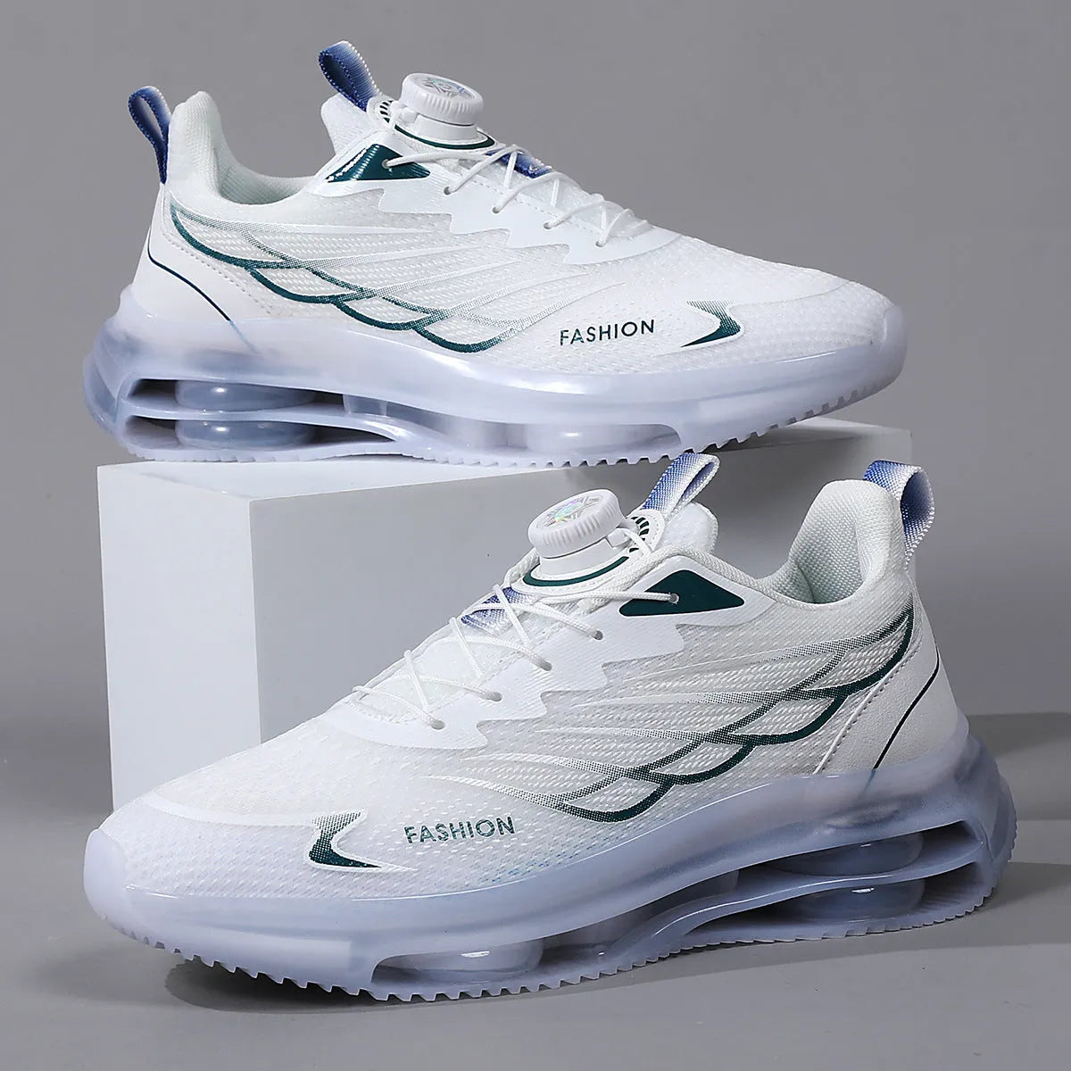 White men's casual sneakers with rotating button lace system and mesh upper in Korean style design