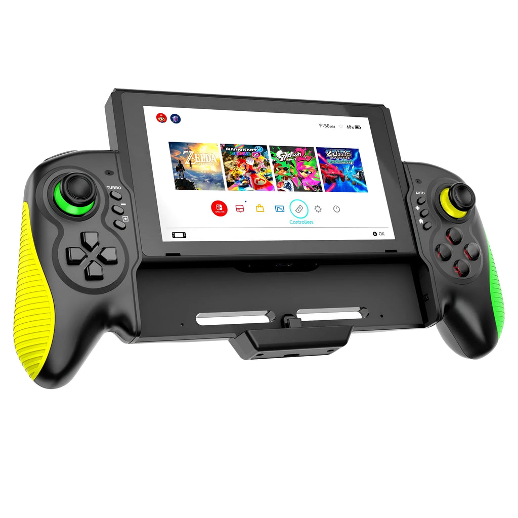 Yellow-green game controller with in-line handle design for Switch and PC gaming with vibration feedback