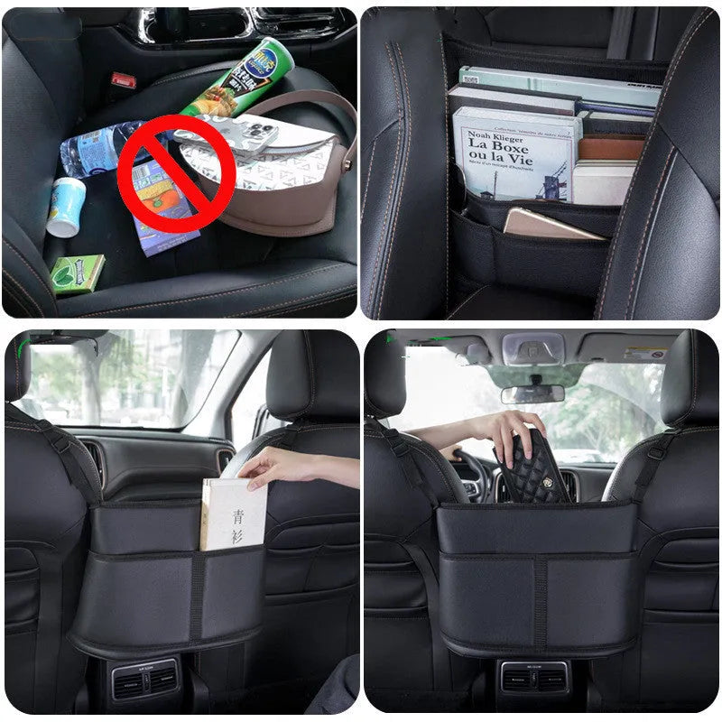 Genuine leather car seat storage bag with carbon fibre pattern, shown installed in a middle seat net pocket.