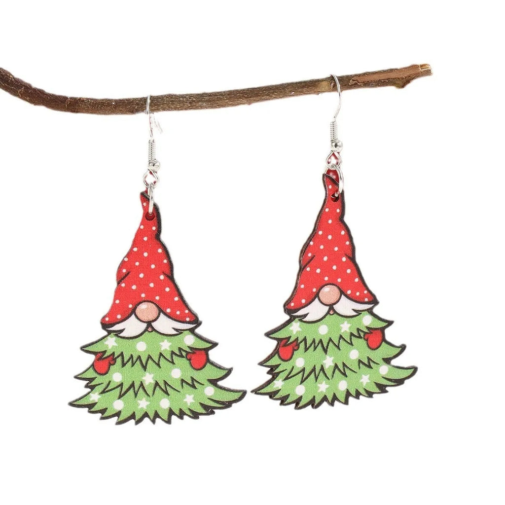 Wooden Christmas earrings with geometric shapes featuring printed Christmas tree and snowman Santa Claus designs