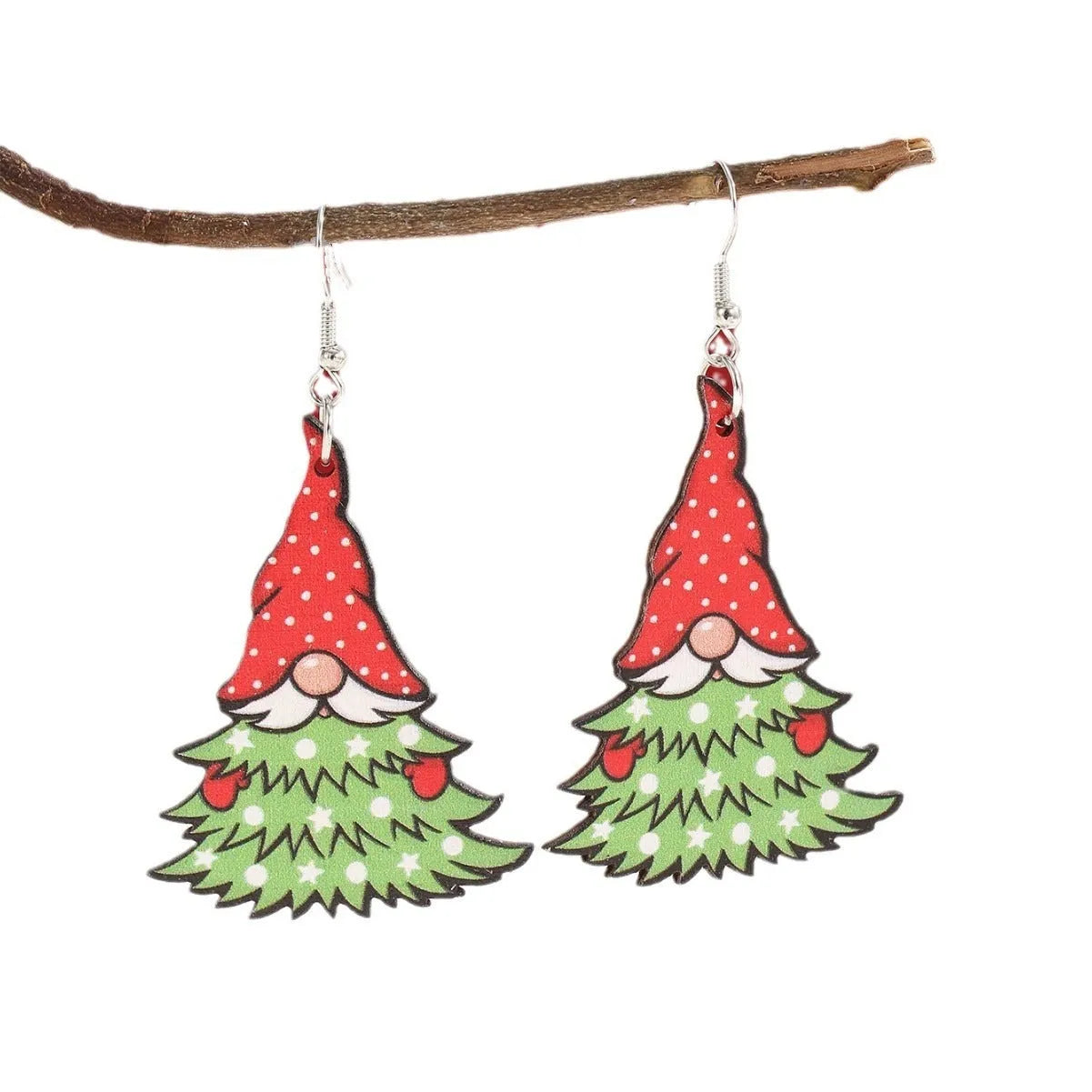 Wooden Christmas earrings with geometric shapes featuring printed Christmas tree and snowman Santa Claus designs